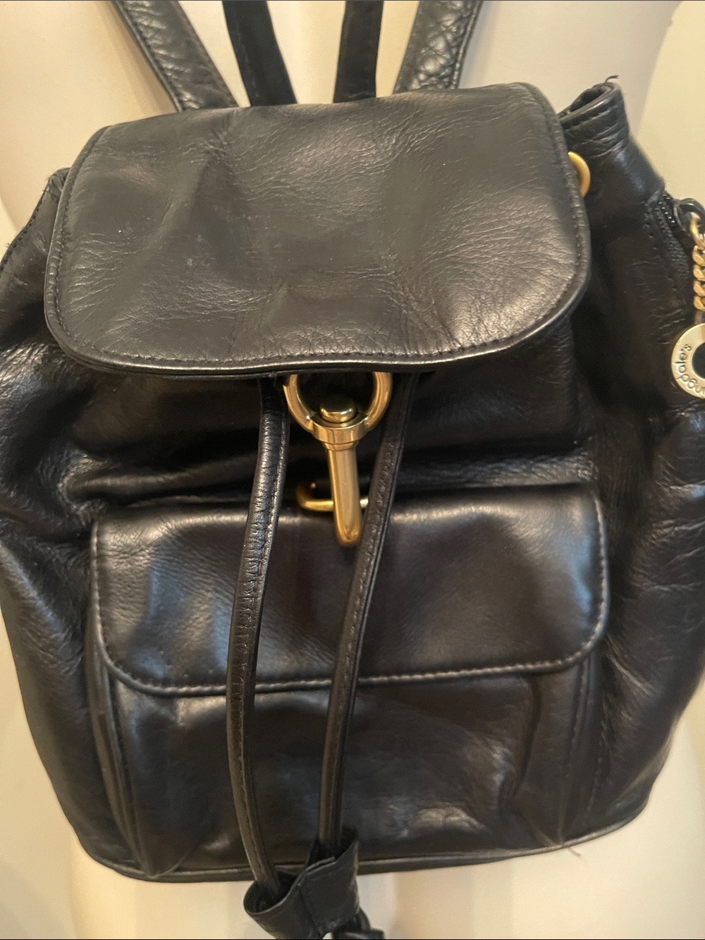Bloomingdale's Black Leather Drawstring Backpack with Gold Accent
